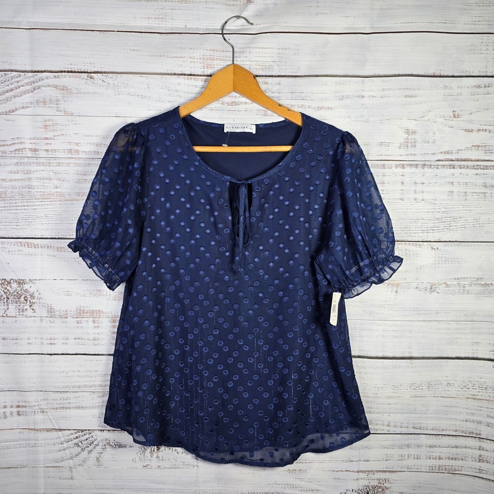 Retrology‎ Navy Swiss Dot Sheer Puff Sleeve Blouse Size Small NEW
